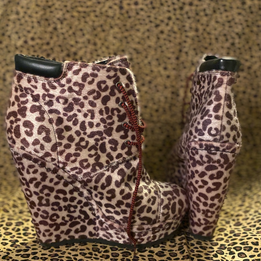 Faux Pony Leopard Print 6 inch Wedge booties.